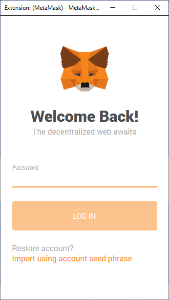 Metamask pop-up showing a login screen.