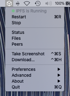 The IPFS desktop status bar menu in the macOS status bar.